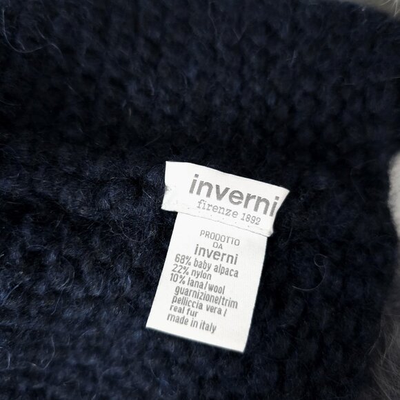 INVERNI Blue Beanie Hat Baby Alpaca Wool Knit Made in Italy Real Fur Pompoms - Picture 6 of 7